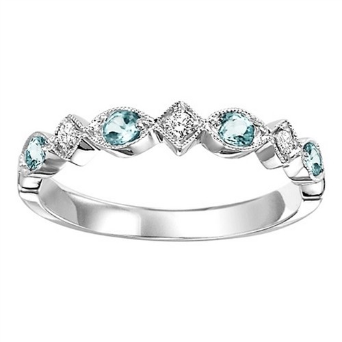 14K White Gold Diamond & Aquamarine Stackable Ring