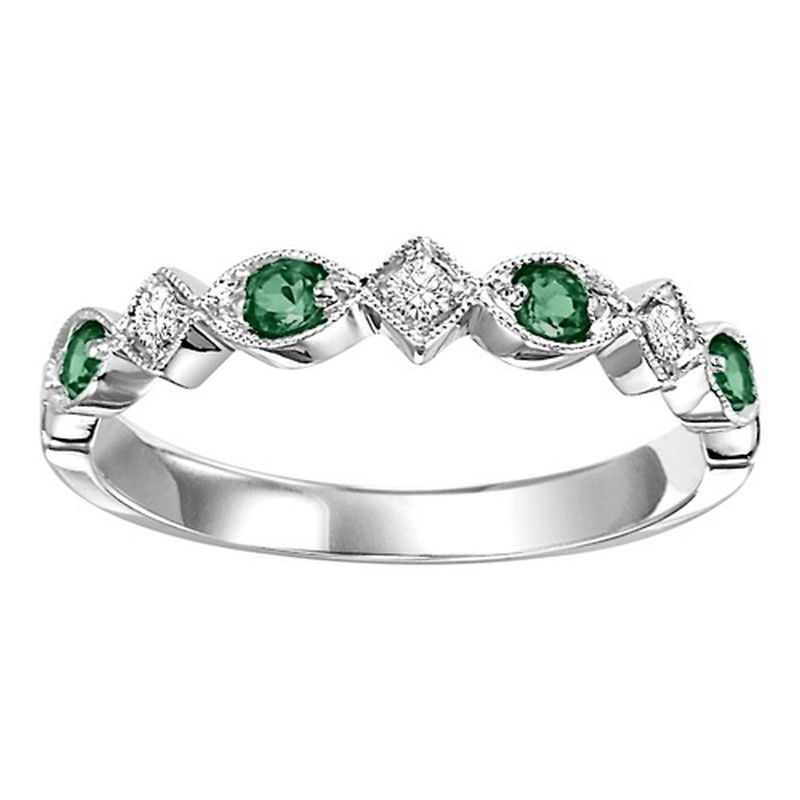 14K White Gold Diamond & Emerald Stackable Ring